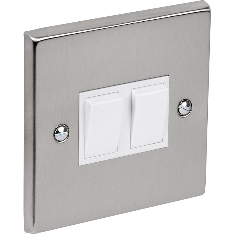 Satin Chrome / White Switch 10A 2 Gang 2 Way