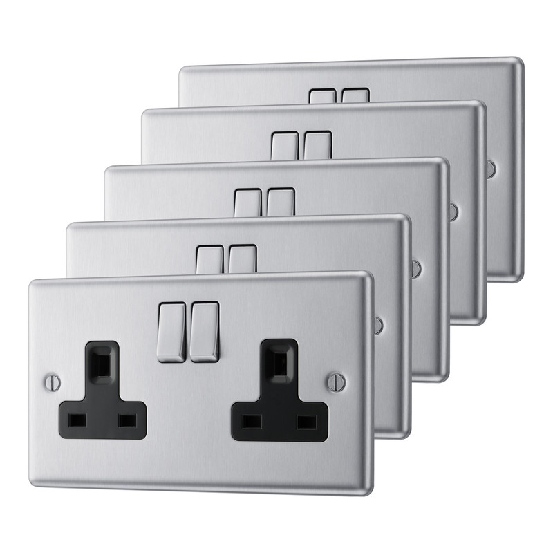 BG Brushed Steel 13A DP Black Insert Switched Socket 2 Gang