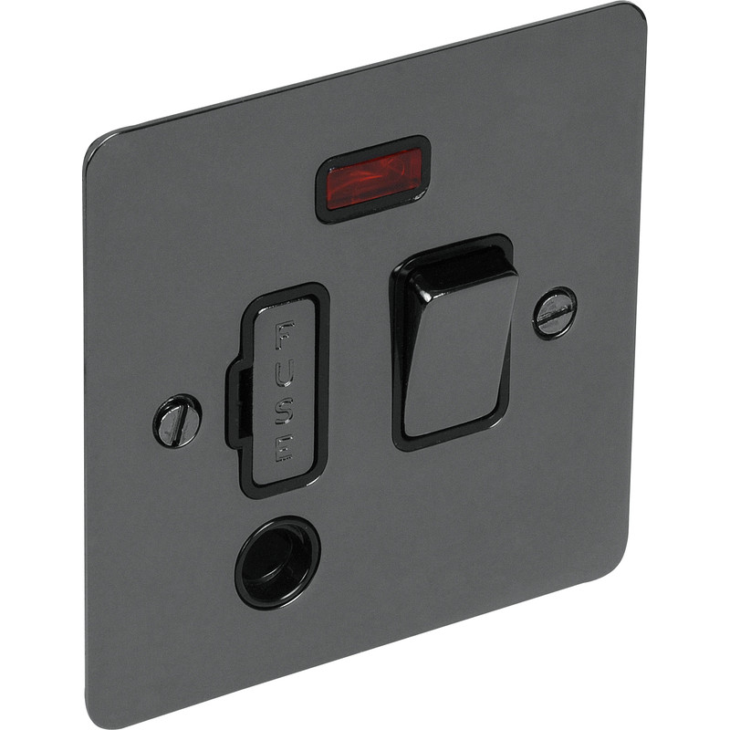 Flat Plate Black Nickel Fused Spur 13A Switched + Neon + Flex Outlet