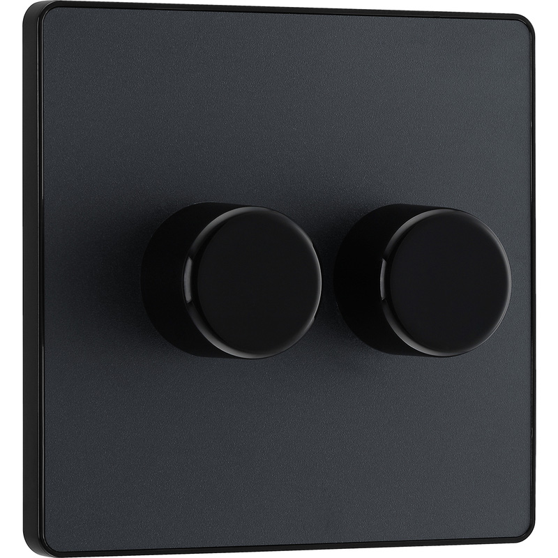 BG Evolve Matt Grey (Black Ins) Trailing Edge Led 200W Double Dimmer Switch, 2-Way Push On/Off