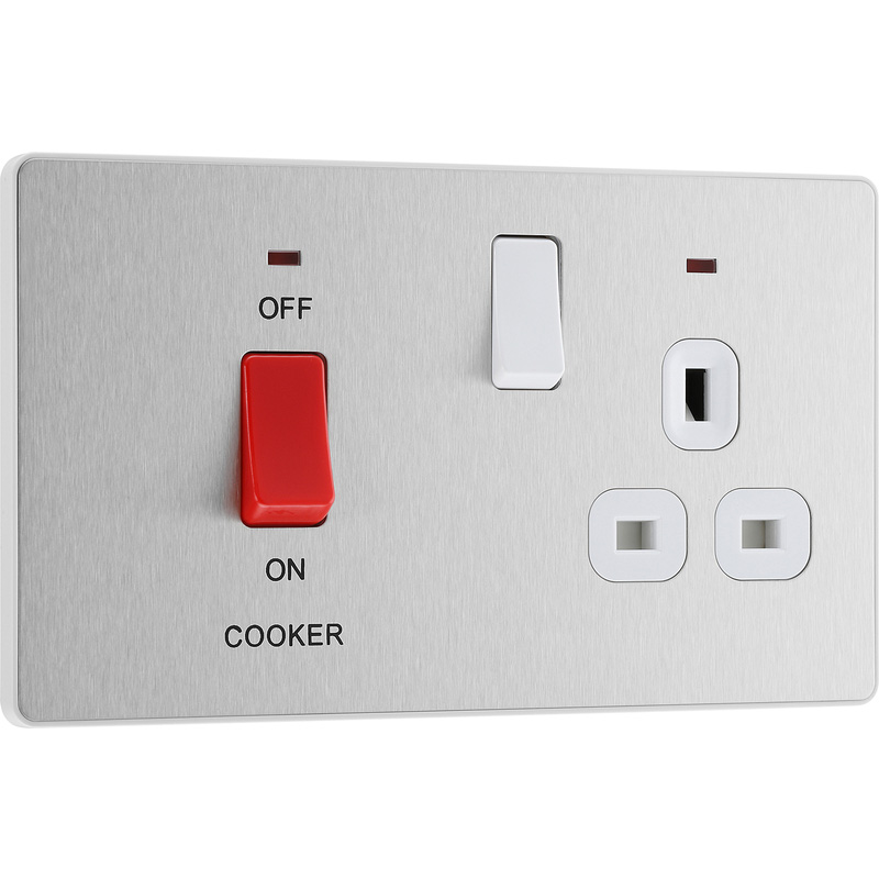 BG Evolve Brushed Steel (White Ins) Cooker Control Socket, Double Pole Switch With Led Power Indicators