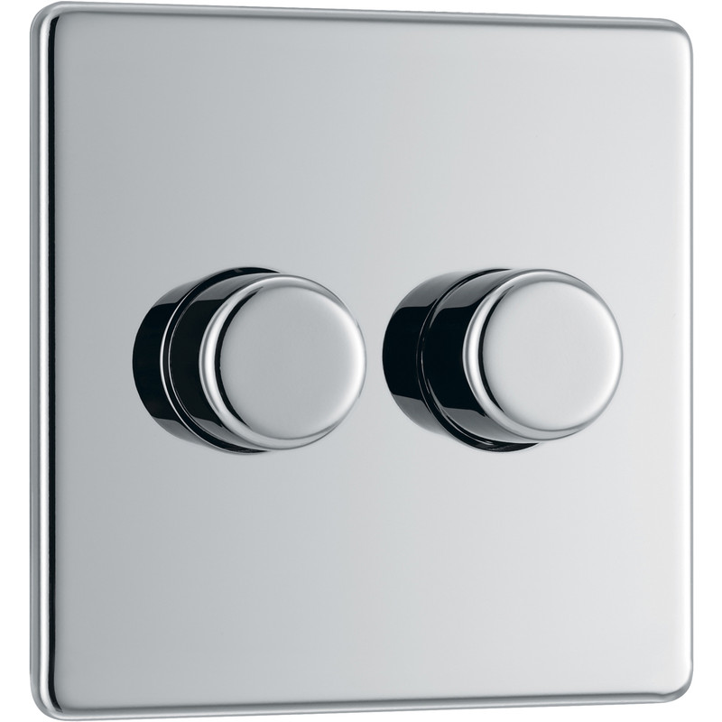 BG Screwless Flat Plate Polished Chrome Dimmer Switch 2 Gang 2 Way