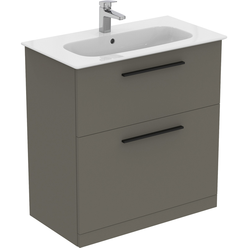Ideal Standard i.life A Double Drawer Floor Standing Vanity Unit with Basin Matt Quartz Grey 800mm with Matt Black Handles
