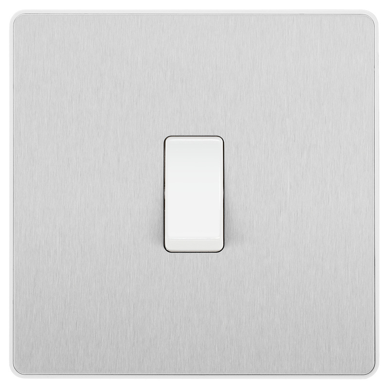 BG Evolve Brushed Steel (White Ins) Single Light Switch, 20A 16Ax, 2 Way