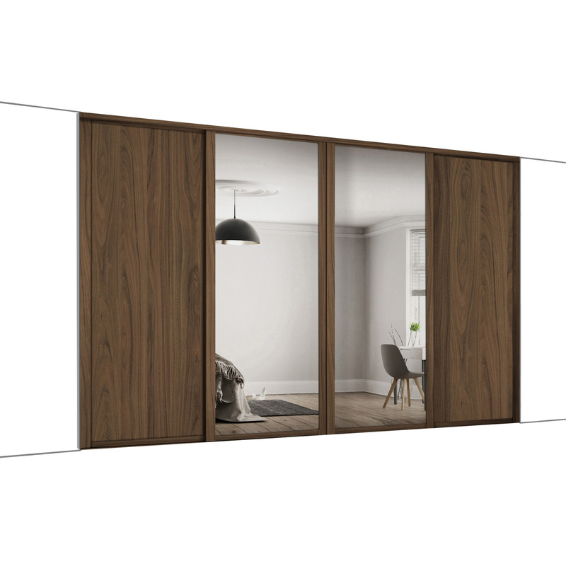 Spacepro Shaker 4 Door Sliding Wardrobe Kit Walnut and Mirror 3506 x 2260mm