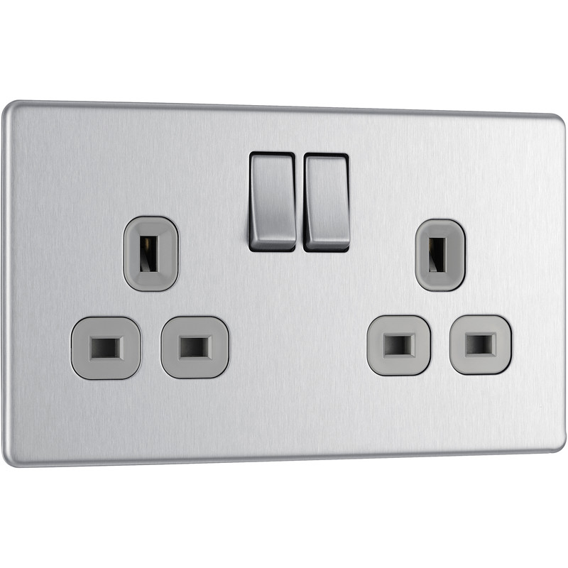 BG Screwless Flat Plate Brushed Stainless Steel 13A DP Switched Socket 2 Gang