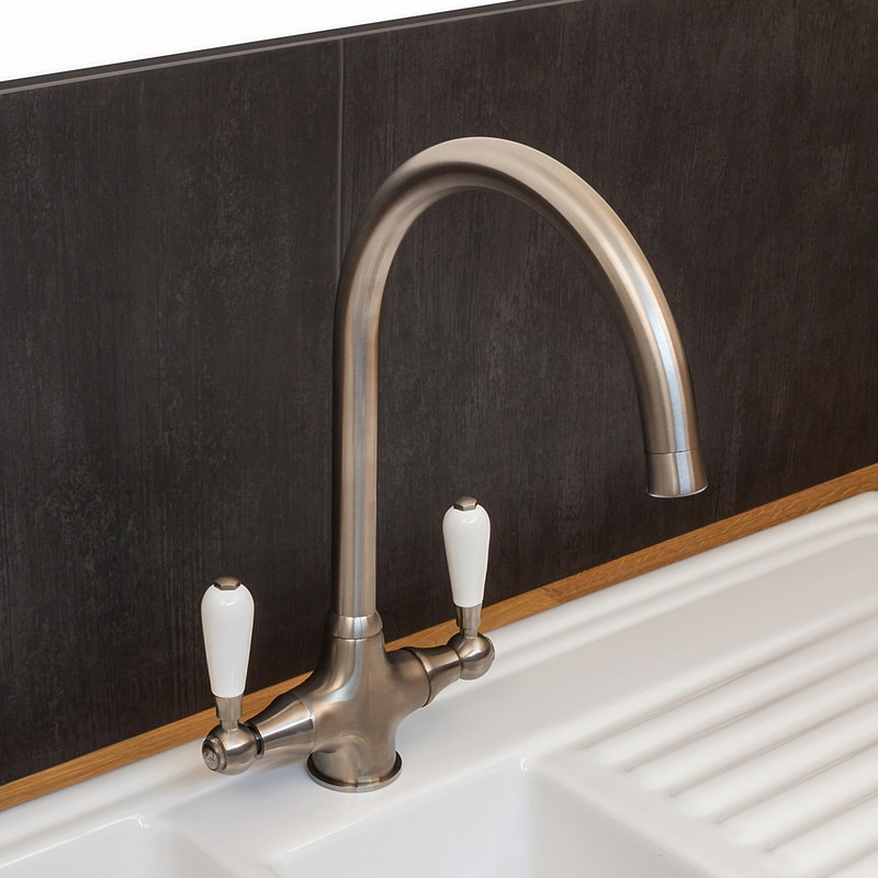 Reginox Dual Lever Mono Mixer Kitchen Tap Brushed Nickel / White