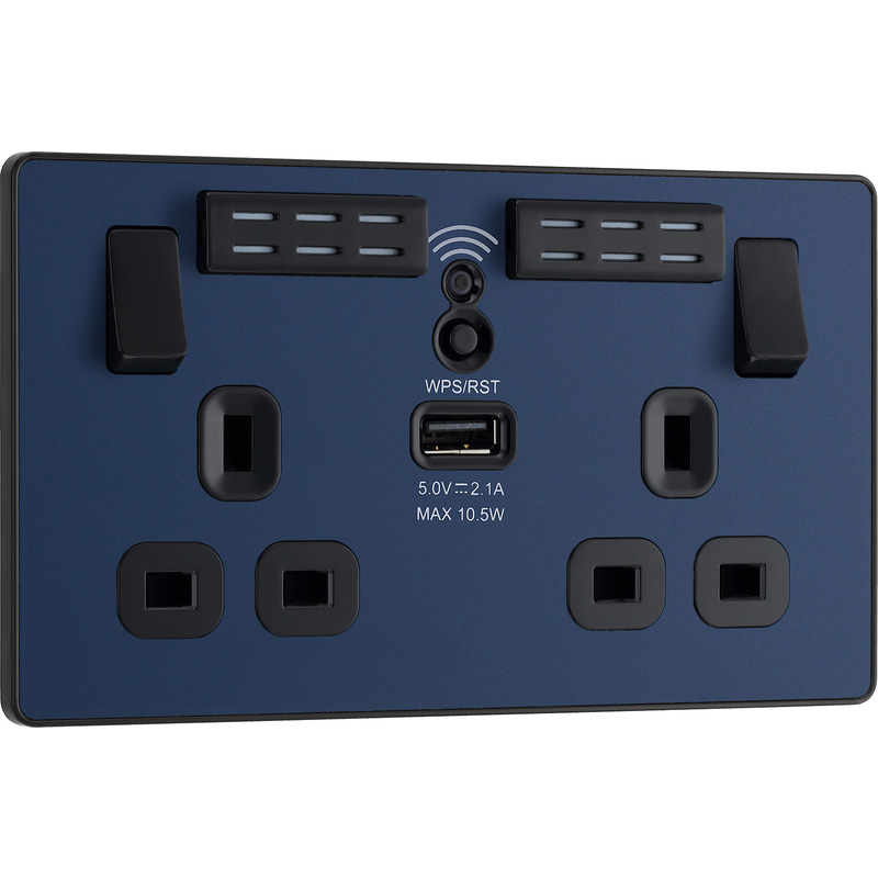 BG Evolve Matt Blue (Black Ins) Wifi Extender Double Switched 13A Power Socket + 1X Usb (2.1A)