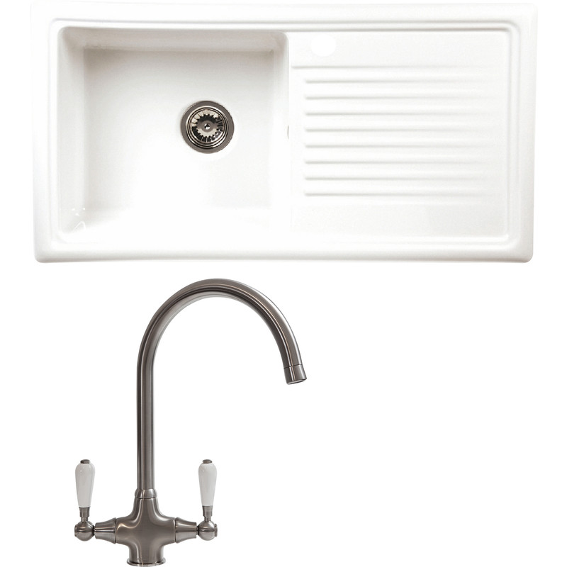 Reginox Reversible Ceramic Kitchen Sink & Drainer Single Bowl White with Brushed Nickel Tap