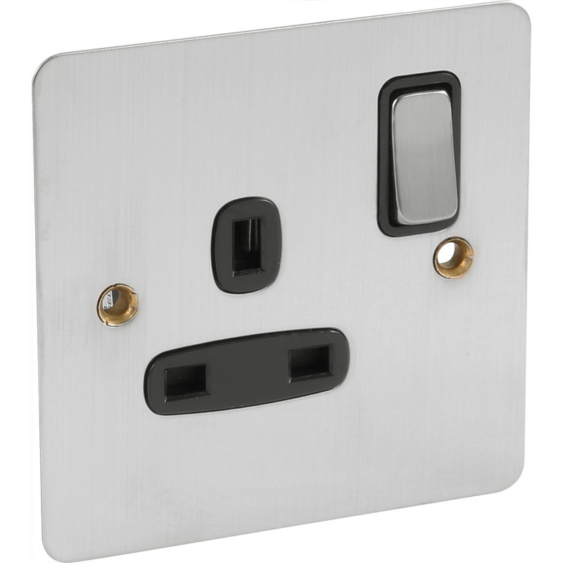 Flat Plate Satin Chrome 13A Switched Socket 1 Gang DP