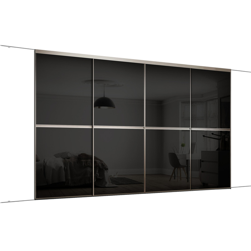 Spacepro Minimalist 4 Door Sliding Wardrobe Kit Silver Framed Black Glass Doors 2400 x 2260mm