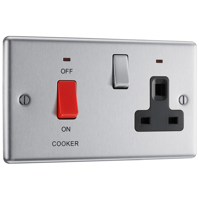 BG Brushed Steel 45A Black Insert Cooker Unit 45A Double Pole + Socket + Neon