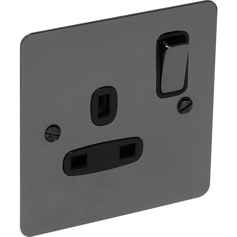 Flat Plate Black Nickel 13A Socket 1 Gang Switched SP