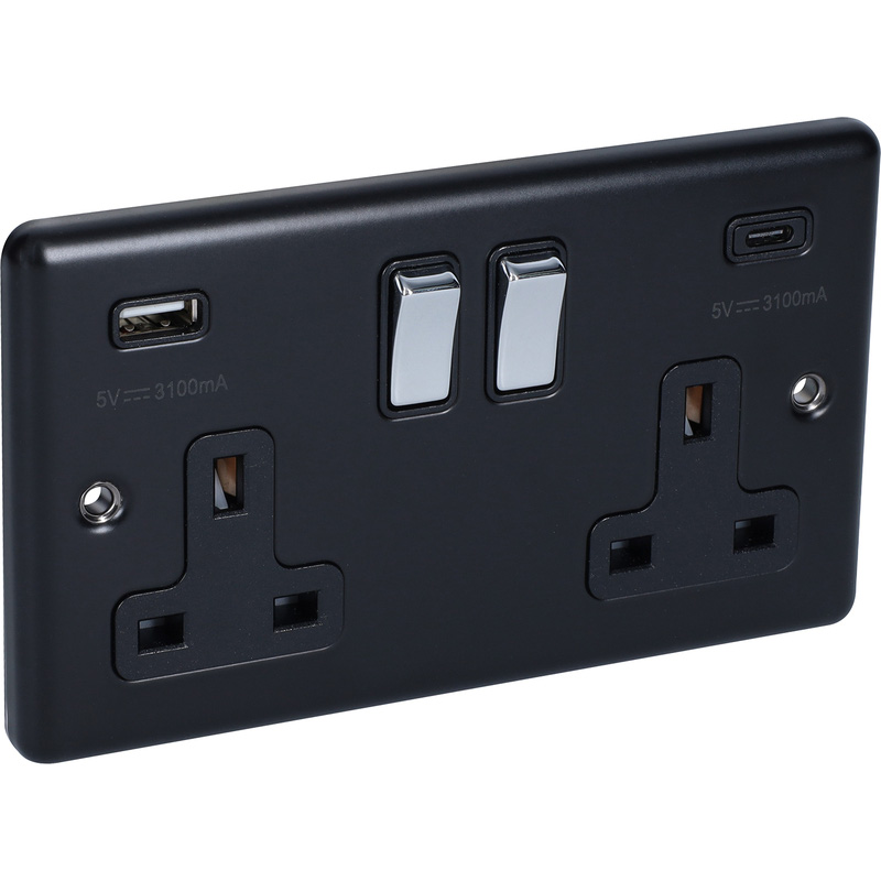 Wessex Matt Black Polished Chrome USB A & C Type Switched Socket 2 Gang 3.1A