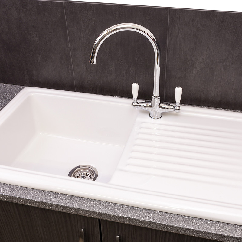 Reginox Reversible Ceramic Kitchen Sink & Drainer Single Bowl White with Chrome Tap