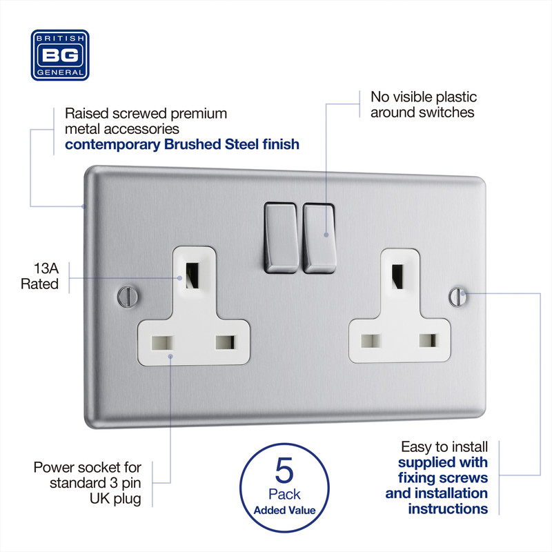 BG Brushed Steel 13A DP White Insert Switched Socket 2 Gang