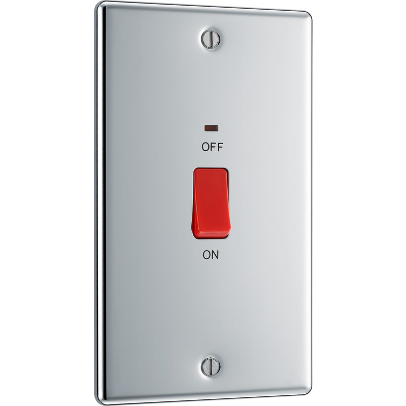 BG Polished Chrome 45A Double Pole Switch 45A 2 Gang Upright + Neon