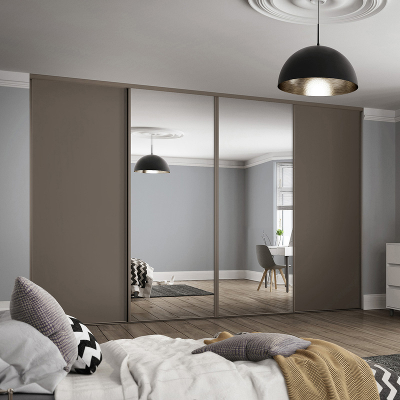 Spacepro Classic 4 Door Sliding Wardrobe Kit Stone Grey and Mirror 2978 x 2260mm