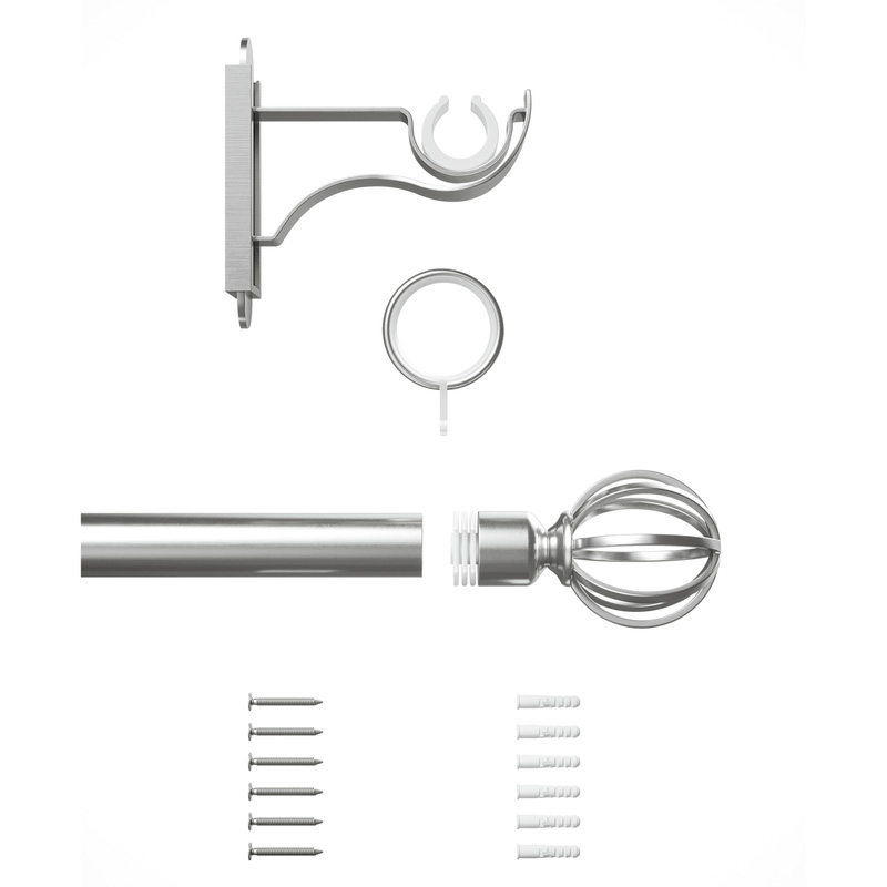 Rothley Curtain Pole Kit with Cage Orb Finials & Rings Brushed Stainless Steel 25mm x 1829mm
