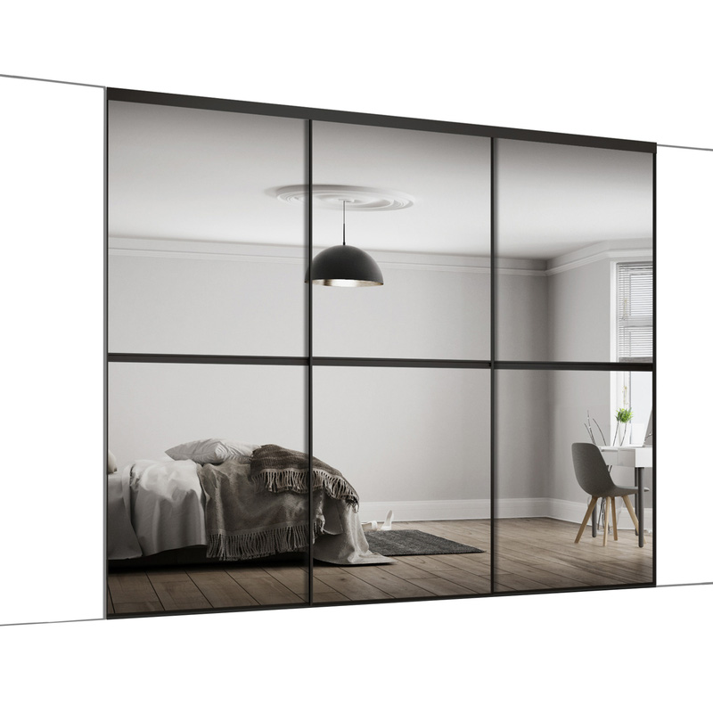 Spacepro Minimalist 3 Door Sliding Wardrobe Kit Black Framed Silver Mirror Doors 2702 x 2260mm