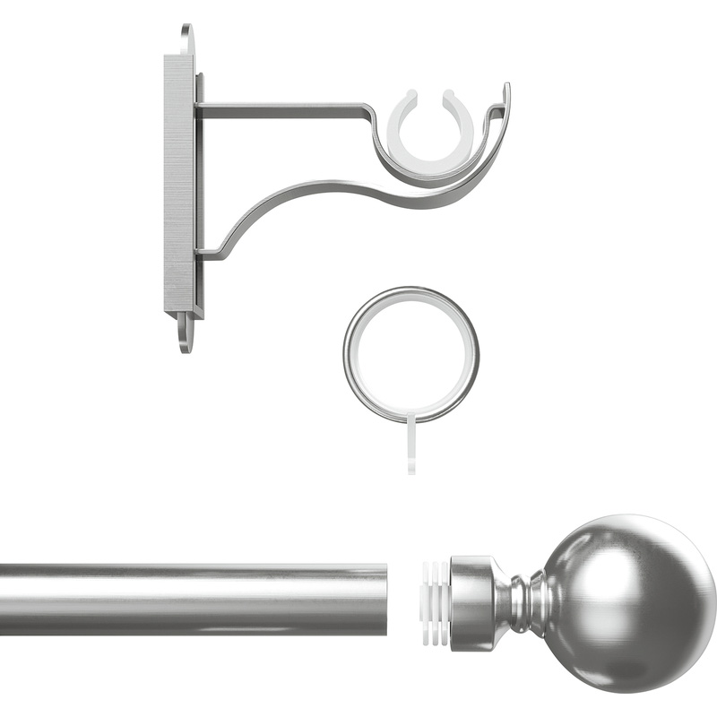 Rothley Curtain Pole Kit with Solid Orb Finials & Rings Brushed Stainless Steel 25mm x 1219mm
