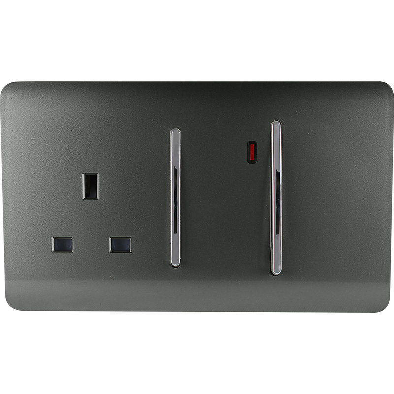 Trendiswitch Charcoal 13 Amp Cooker Switch & Socket with Neon 2 Gang
