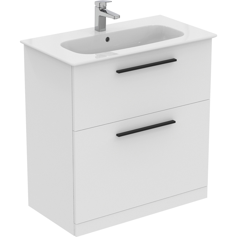 Ideal Standard i.life A Double Drawer Floor Standing Vanity Unit with Basin Matt White 800mm with Matt Black Handles