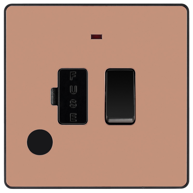 BG Evolve Polished Copper (Black Ins) Switched 13A Fused Connection Unit With Power Led Indicator, And Flex Outlet