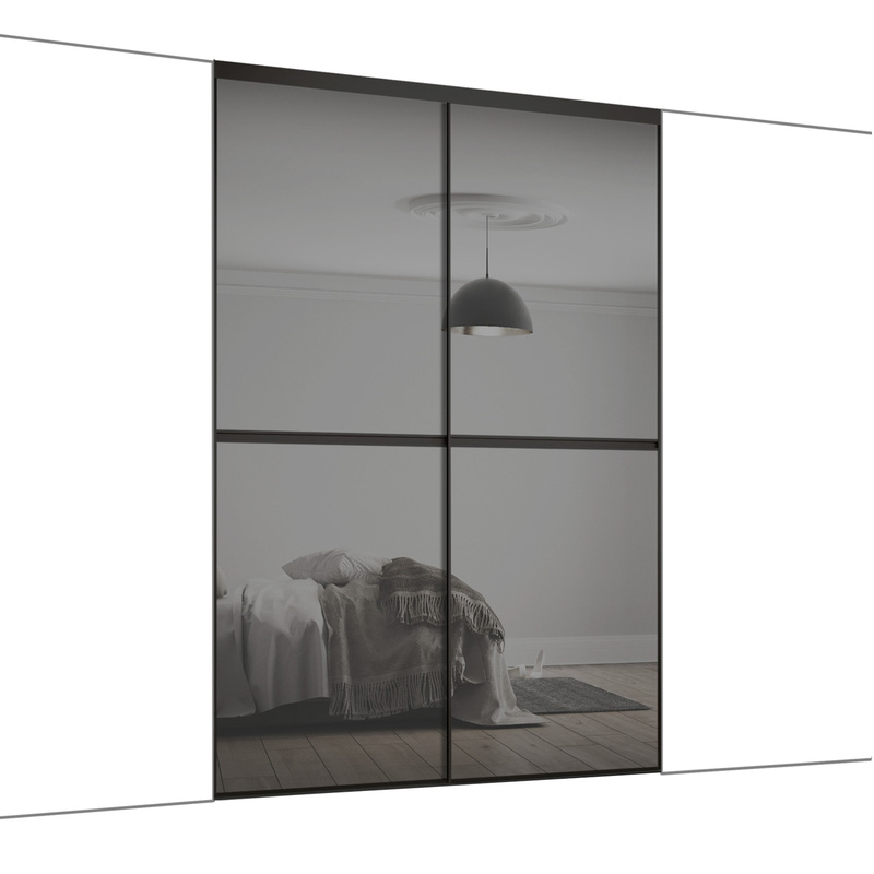 Spacepro Minimalist 2 Door Sliding Wardrobe Kit Black Framed Grey Mirror Doors 1808 x 2260mm