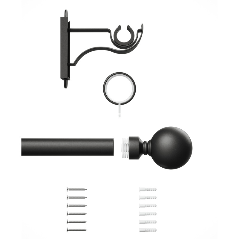 Rothley Curtain Pole Kit with Solid Orb Finials & Rings Matt Black 25mm x 1219mm