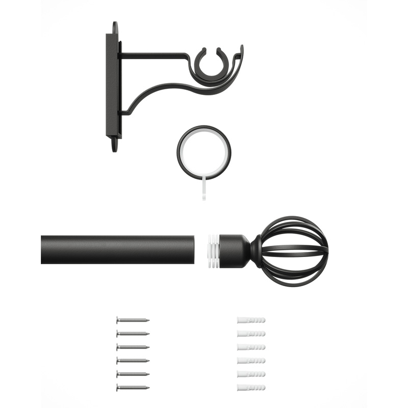 Rothley Curtain Pole Kit with Cage Orb Finials & Rings Matt Black 25mm x 1219mm