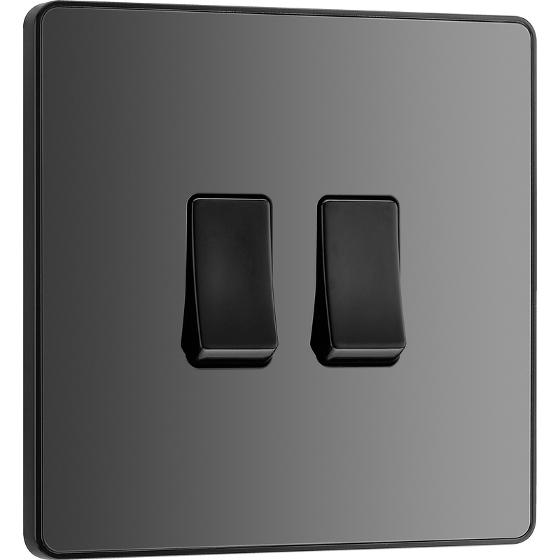 BG Evolve Black Chrome (Black Ins) Double Light Switch, 20A 16Ax, 2 Way