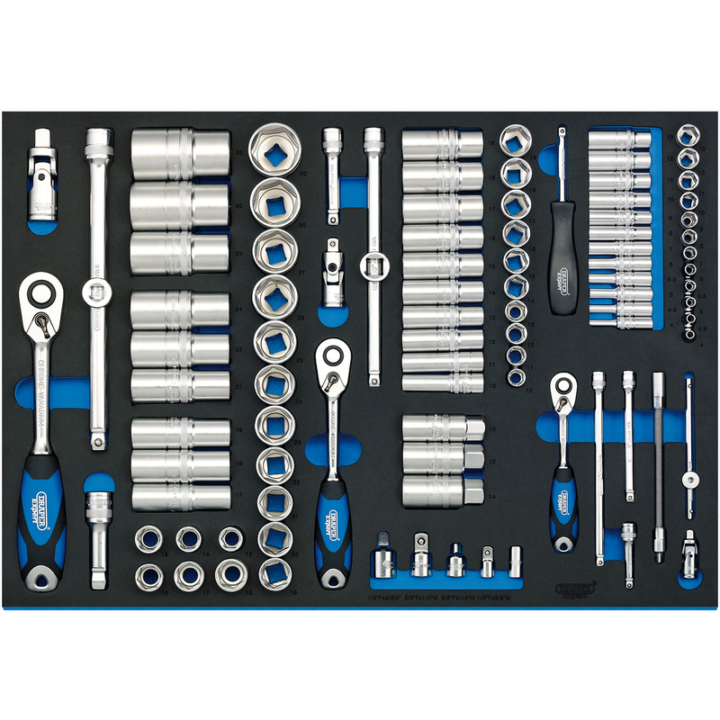 Draper Soft Grip Socket Set in Full Plus Drawer EVA Insert Tray, 1/4", 3/8" & 1/2" 96 Piece