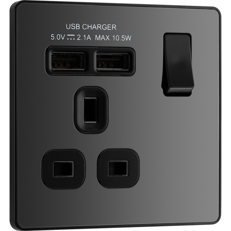BG Evolve Black Chrome (Black Ins) Single Switched 13A Power Socket + 2 X Usb (2.1A)