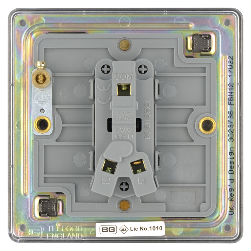 BG Screwless Flat Plate Black Nickel Light Switch 1 Gang 2 Way 10AX