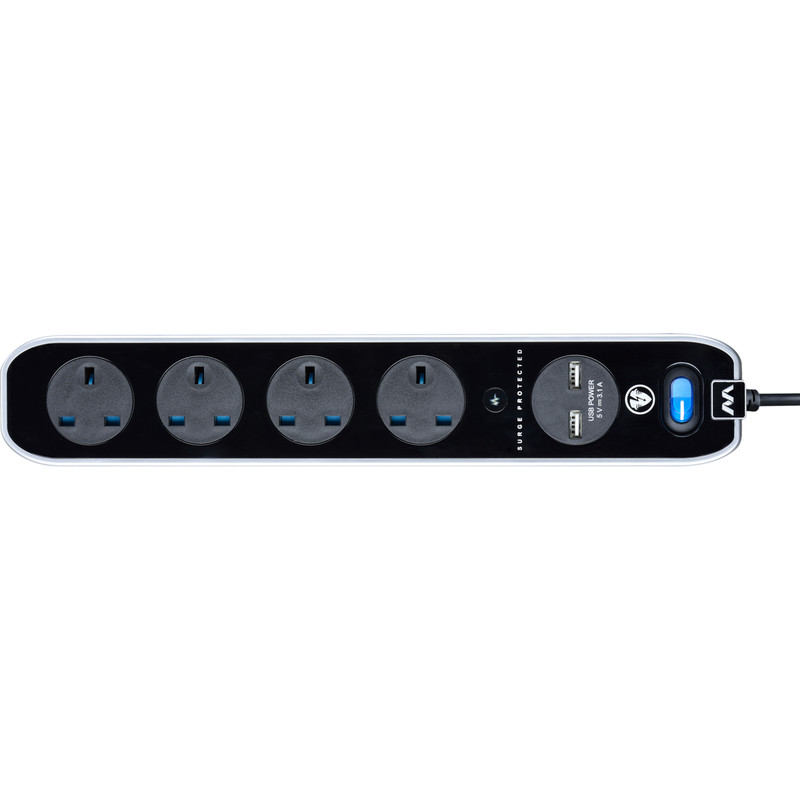 4 Socket Switched Extension Lead + 2 x 3.1A USB Inline Surge - Gloss Black 2m
