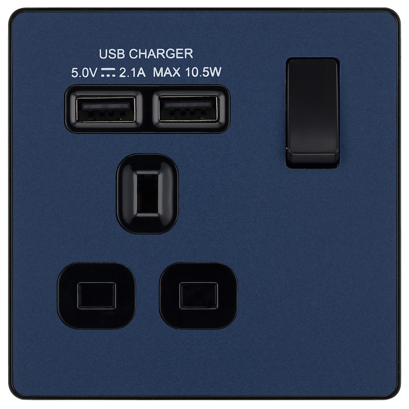 BG Evolve Matt Blue (Black Ins) Single Switched 13A Power Socket + 2 X Usb (2.1A)