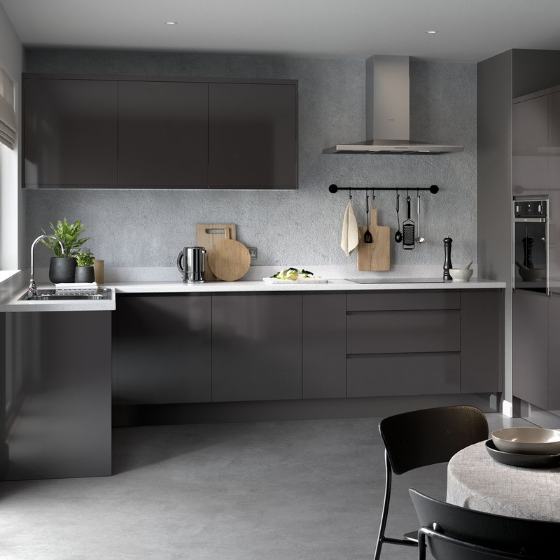 Kitchen Kit Flatpack J-Pull Kitchen Cabinet Pull Out Tall Larder Unit Super Gloss Graphite 300mm