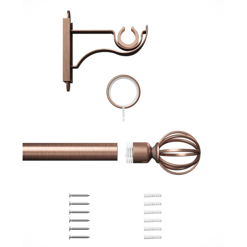 Rothley Curtain Pole Kit with Cage Orb Finials & Rings Antique Copper 25mm x 1219mm