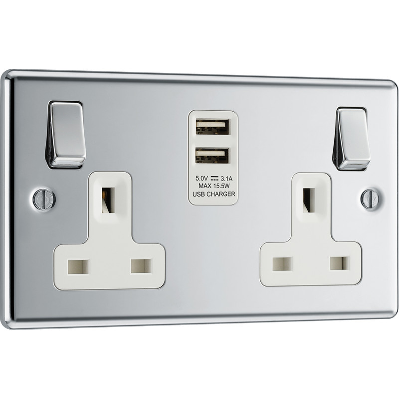 BG Polished Chrome USB 13A Switched Socket 2 Gang + 2 USB (3.1A)