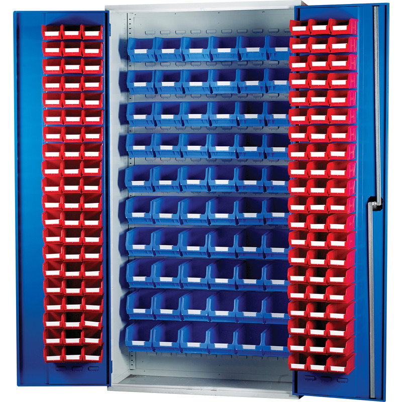 Barton Louvred Panel Cabinet 2000 x 1015 x 430mm with 120 TC2 Red & 60 TC3 Blue Bins