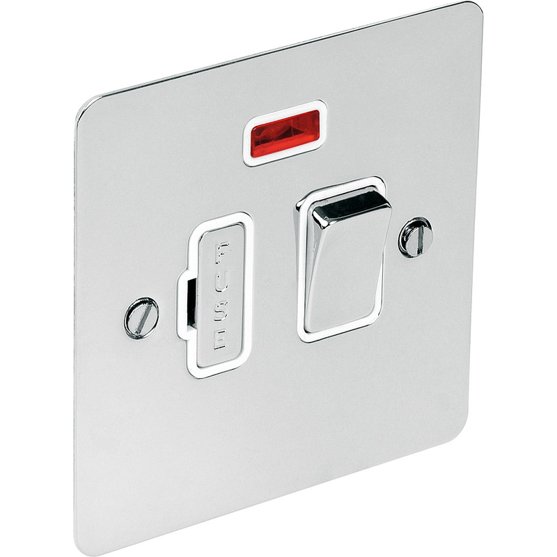 Flat Plate Polished Chrome Fused Spur 13A Switched + Neon