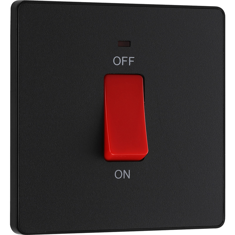 BG Evolve Matt Black (Black Ins) 45A Square Switch, Double Pole With Led Power Indicator