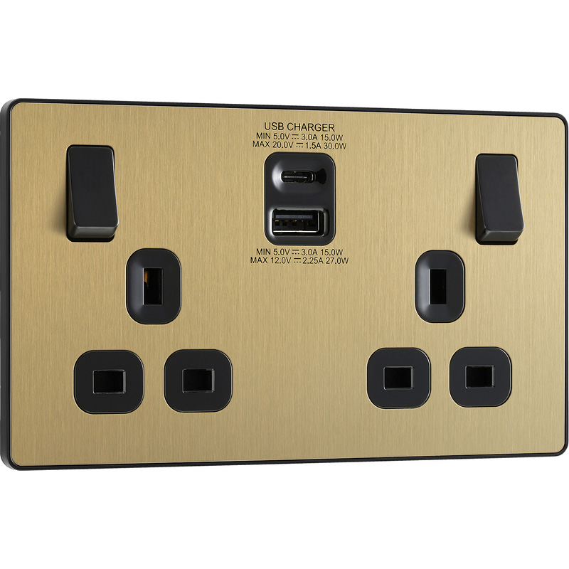 BG Evolve Brushed Brass (Black Ins) Double Switched 13A Power Socket + Usb C 30W + Usba (2.1A)