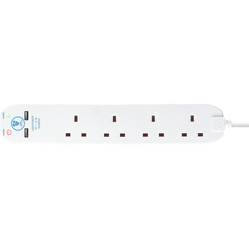 13A Surge Protected Extension Lead + 2 x 2.1A USB 4 Gang 2m - White
