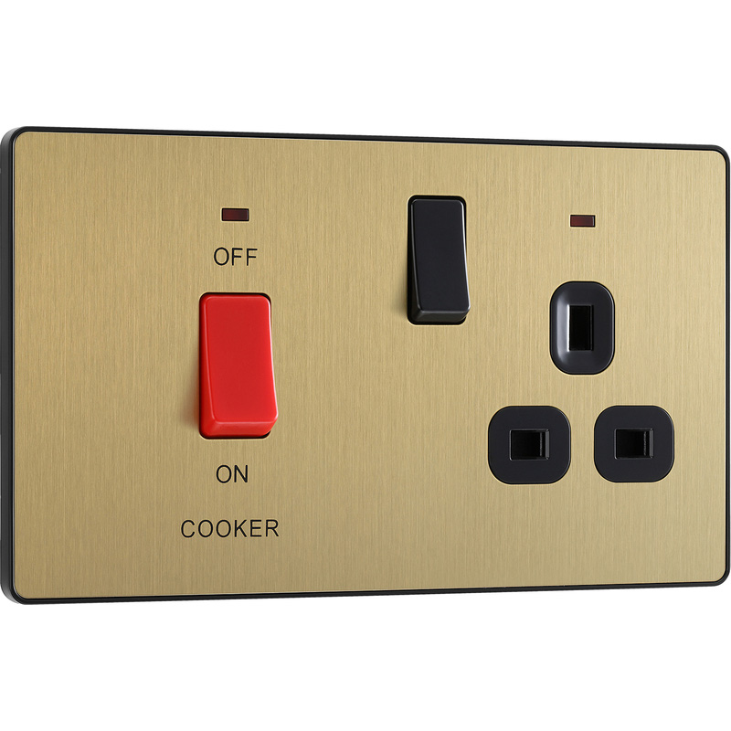 BG Evolve Brushed Brass (Black Ins) Cooker Control Socket, Double Pole Switch With Led Power Indicators