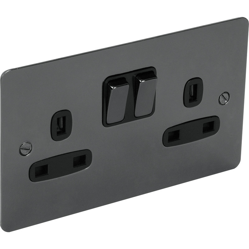 Flat Plate Black Nickel 13A Socket 2 Gang Switched DP