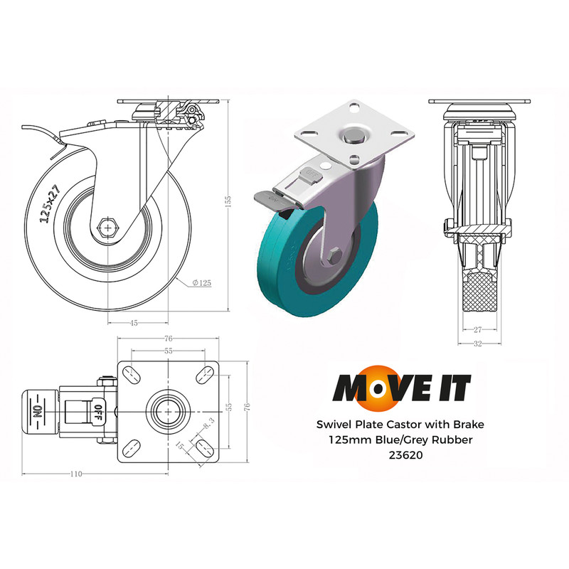 Swivel Wheel with Brake Castor 125mm 100kg