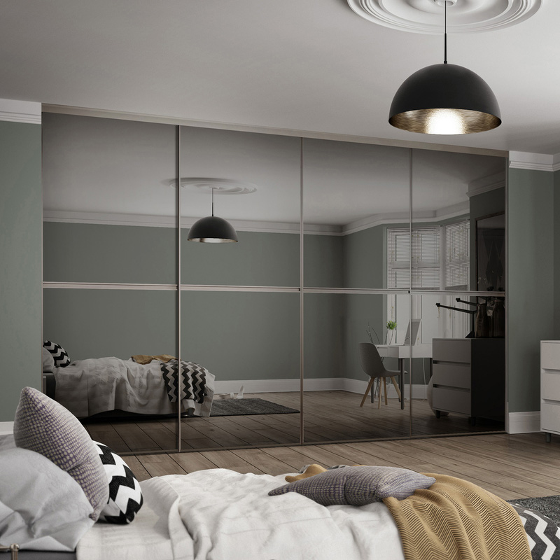 Spacepro Minimalist 4 Door Sliding Wardrobe Kit Silver Framed Grey Glass Doors 3616 x 2260mm
