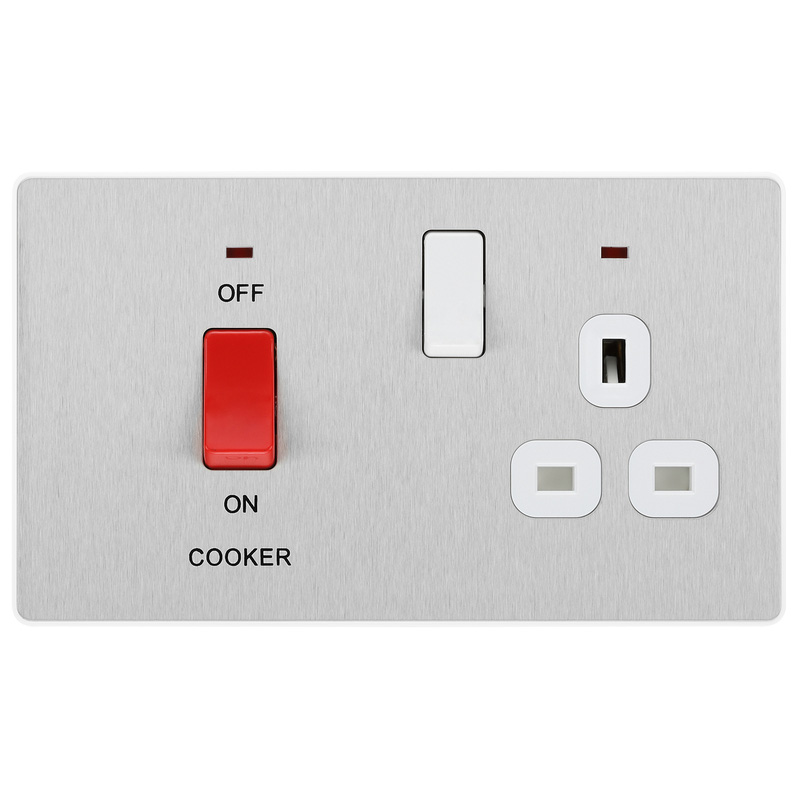 BG Evolve Brushed Steel (White Ins) Cooker Control Socket, Double Pole Switch With Led Power Indicators